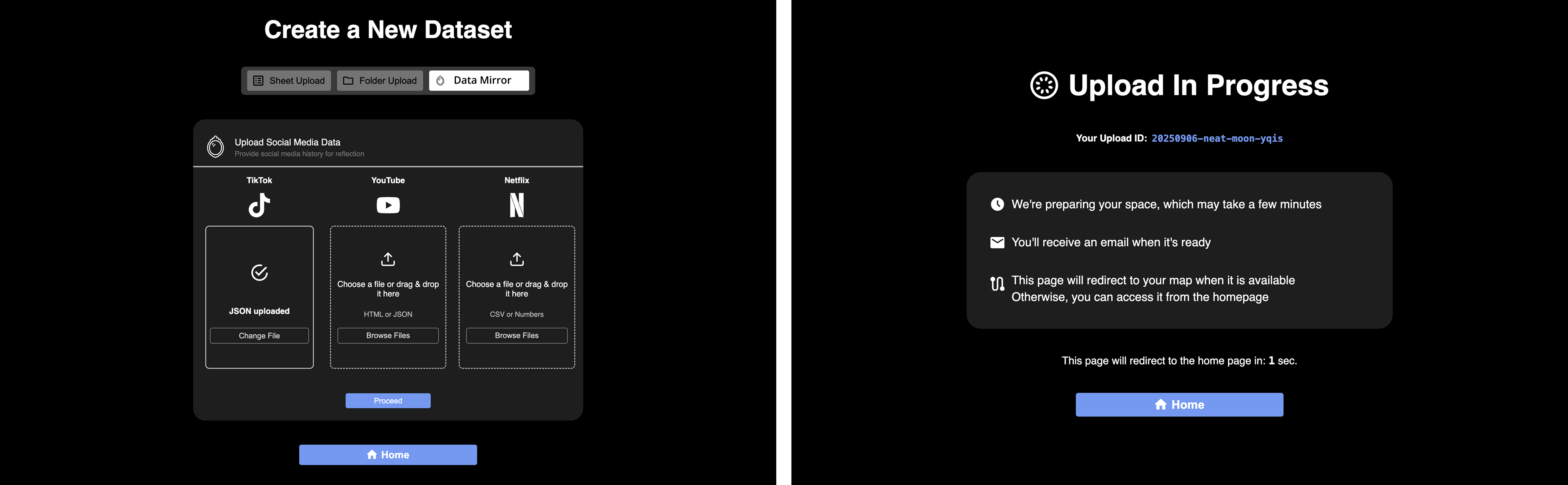 Algorithmic Mirror upload interface showing drag-and-drop data export from TikTok, YouTube, and Netflix with upload progress indicator
