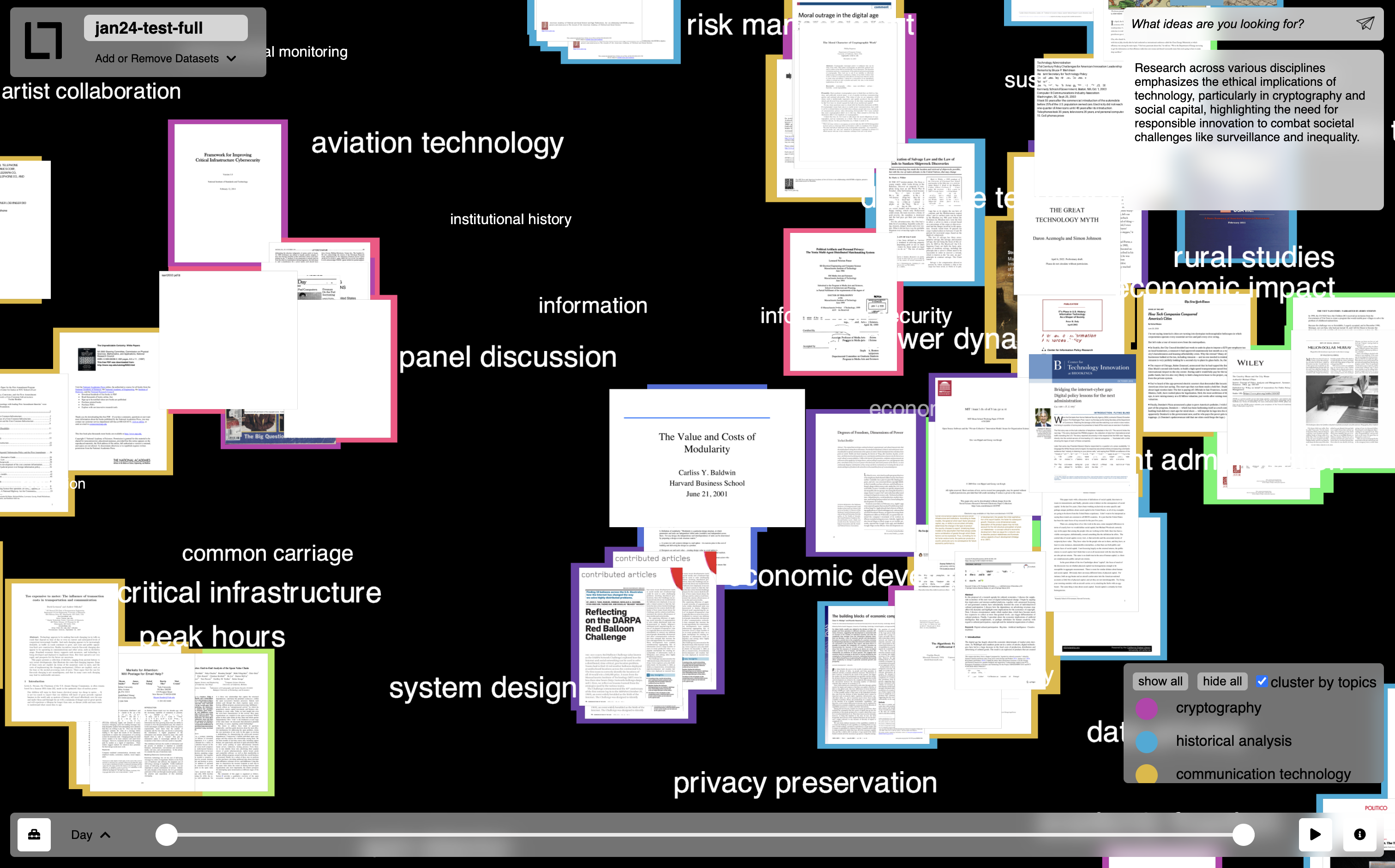 filescape zoomed-in view showing WYSIWYG document thumbnails with topic labels like aviation technology, privacy preservation, and system design