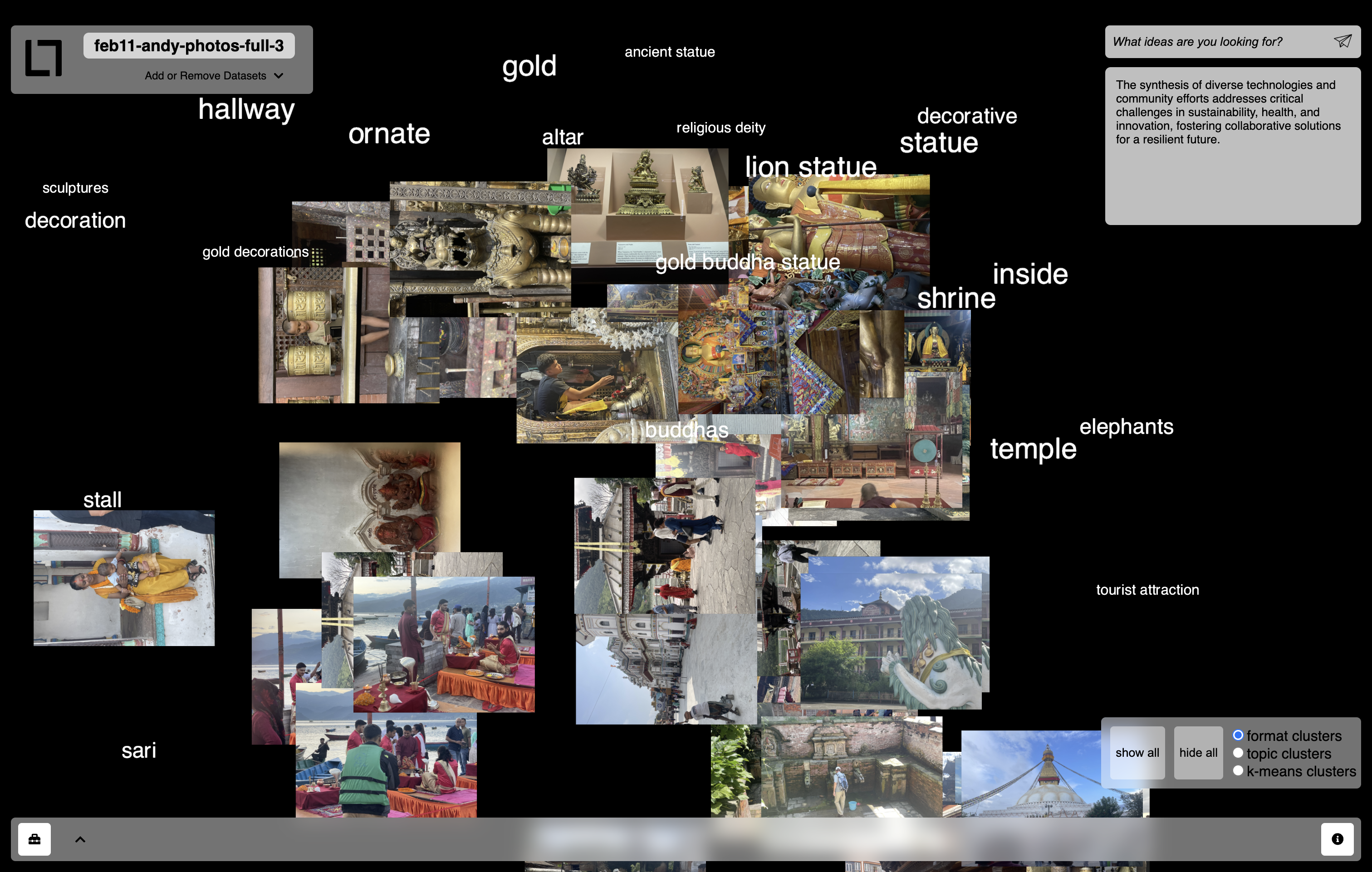 filescape visualizing a personal photo collection with semantic labels: temple, shrine, gold, statue, elephants, and tourist attraction