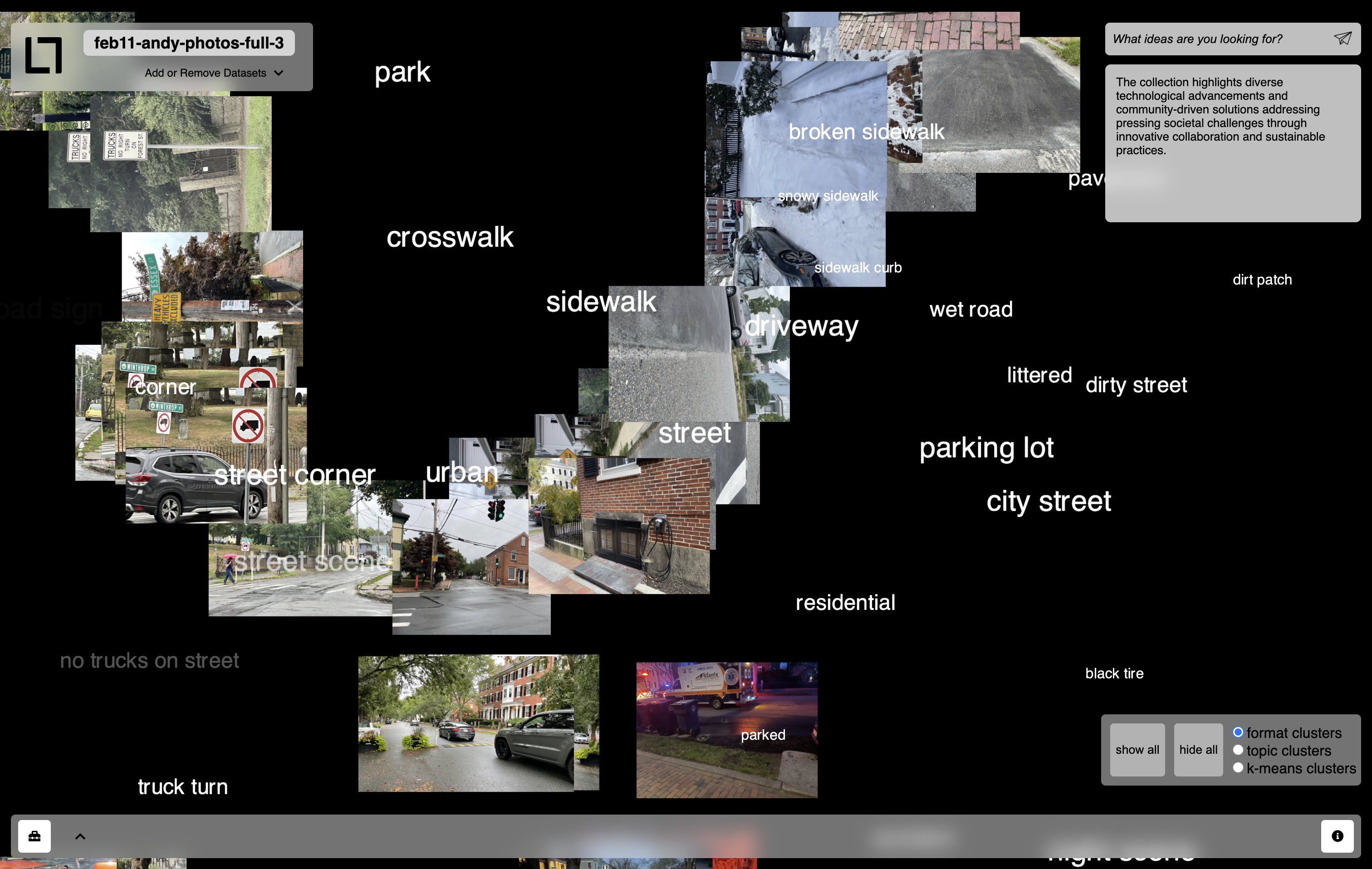 filescape visualizing street photography with labels: park, crosswalk, sidewalk, residential, parking lot, and city street