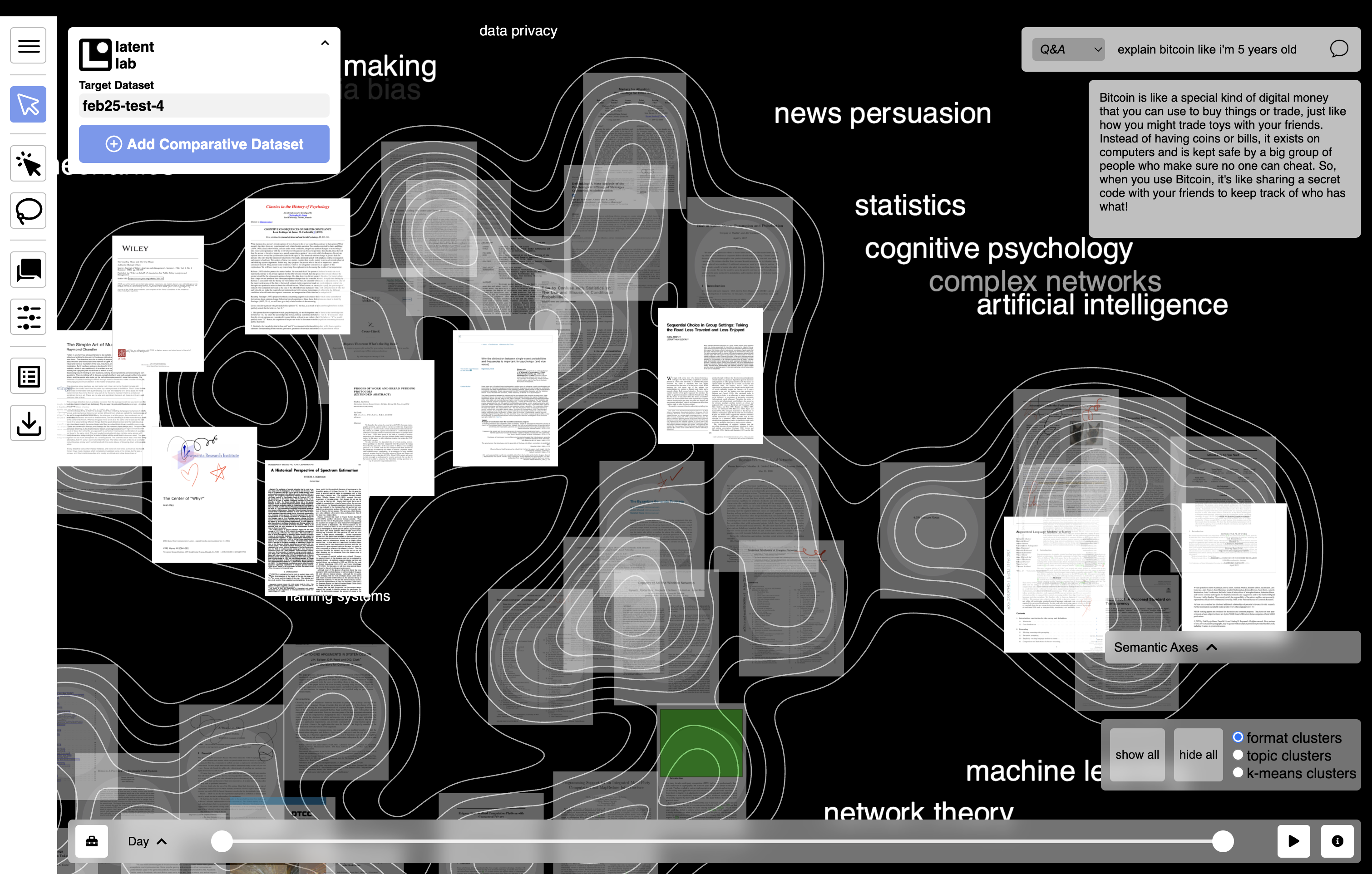 filescape full interface with chat-based query, semantic axes, WYSIWYG document thumbnails, and topic clustering overlays