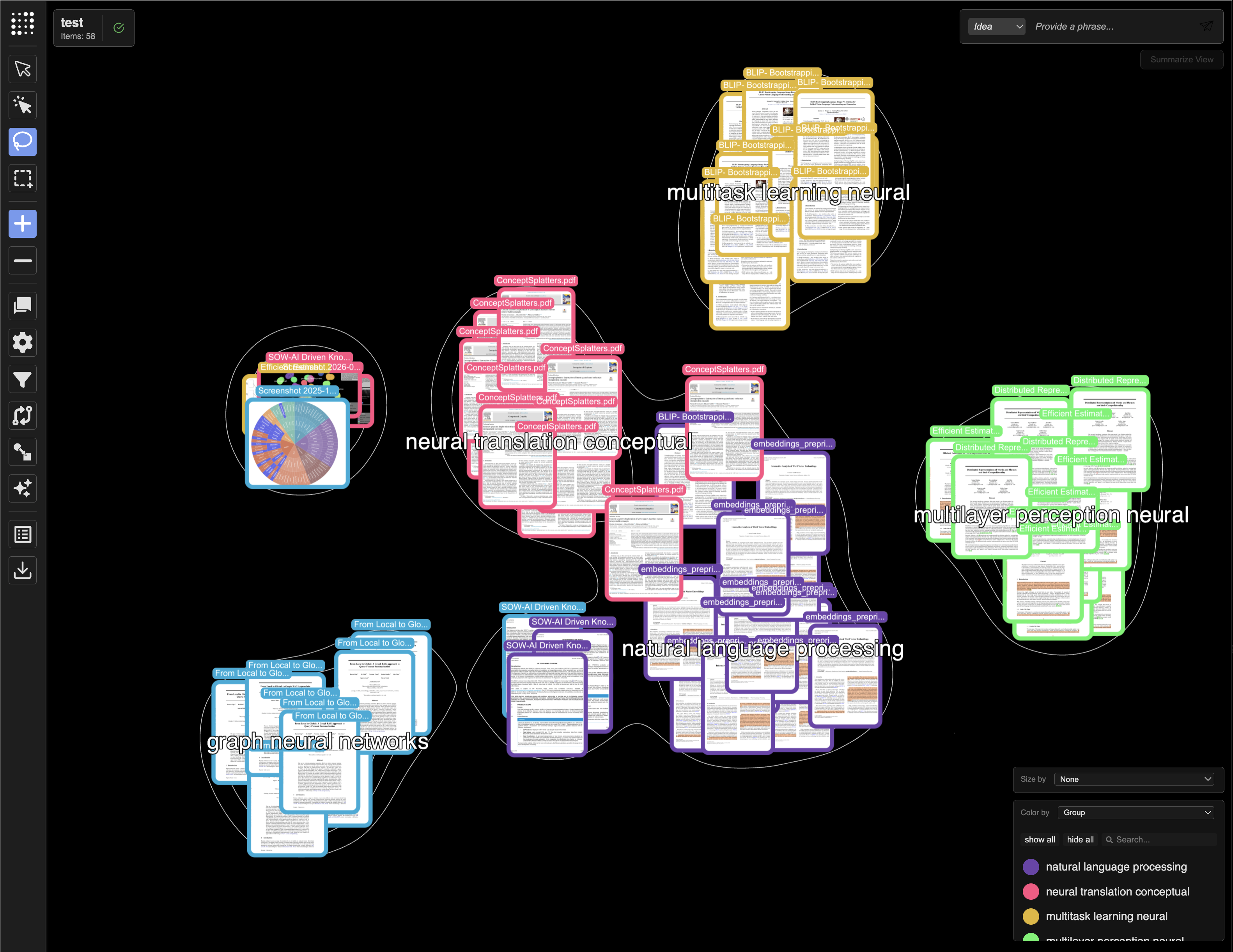 filescape desktop application showing clustered documents with color-coded topic groups: neural translation, natural language processing, multitask learning, multilayer perceptron, and graph neural networks