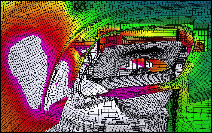 CFD thermal simulation mesh of rear fascia and exhaust