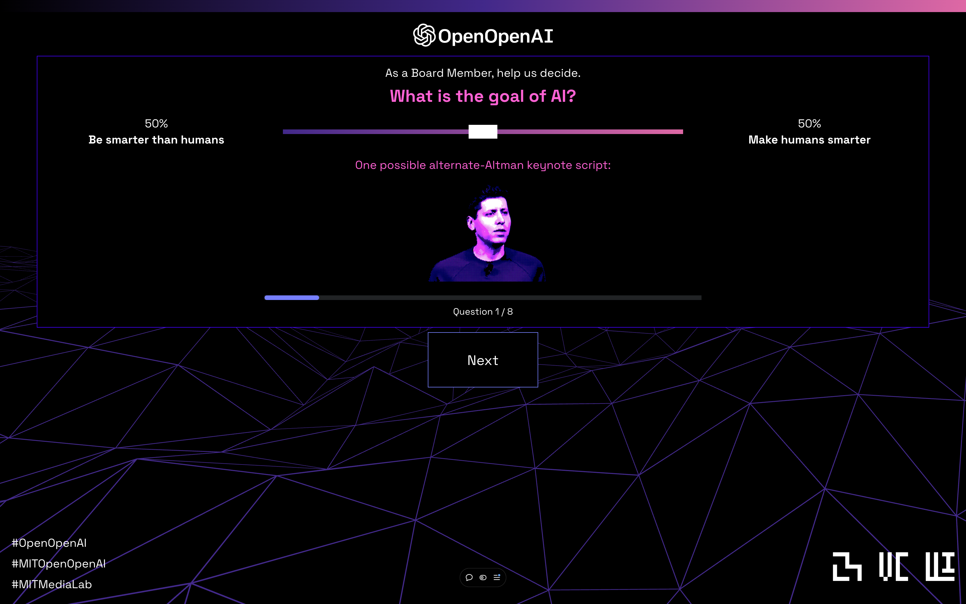 OpenOpenAI web interface showing a question card with a range slider between 'Be smarter than humans' and 'Make humans smarter', with a synthetic video of Sam Altman responding