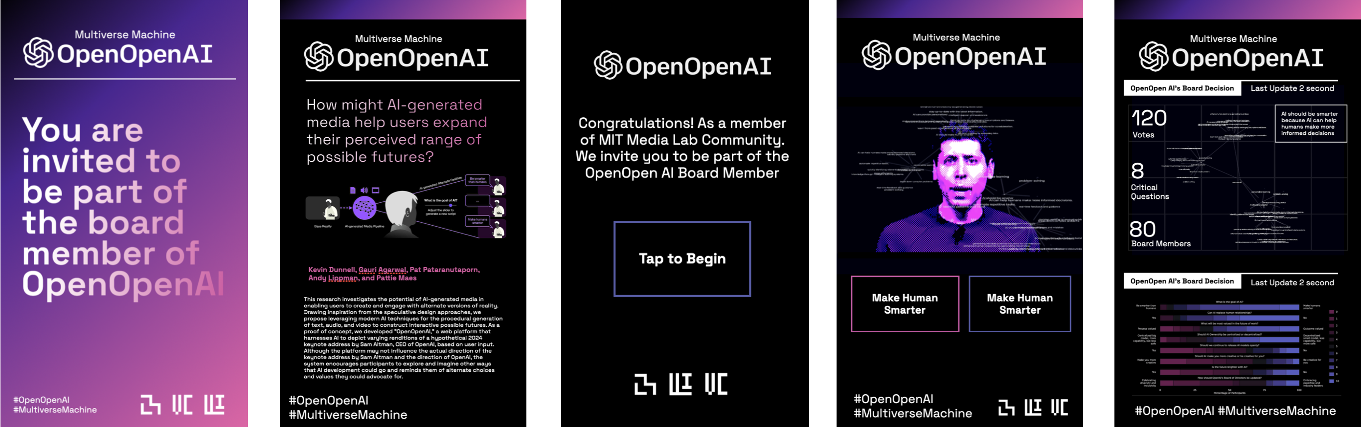 Mobile interface flow: invitation, question cards, slider interaction, and generated keynote