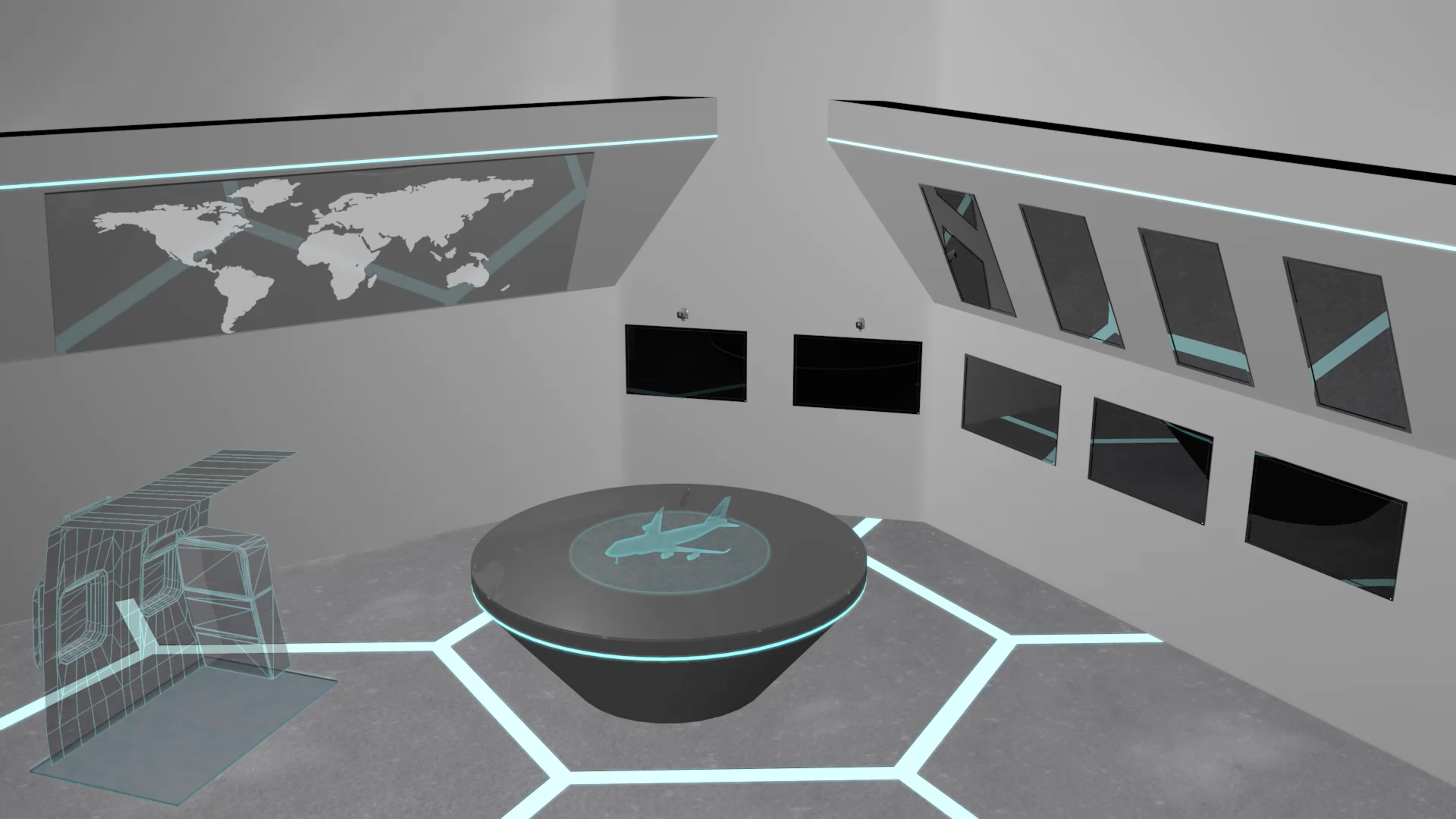 Room-scale VR Seeing Space environment with holographic displays, a central turntable, and wall-mounted screens for aircraft design visualization