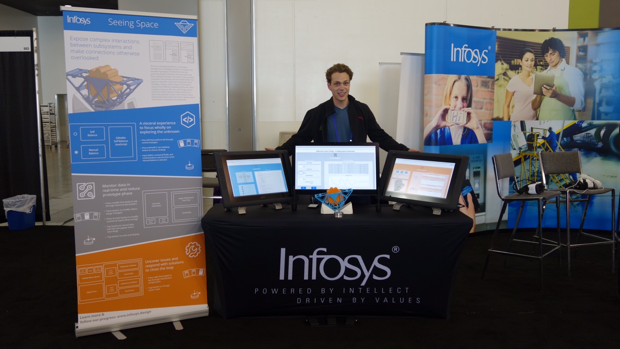 Presenting the Seeing Space physical demo at the 2016 CHI conference with Infosys, showing three monitors, the inverted pendulum, and marketing banner