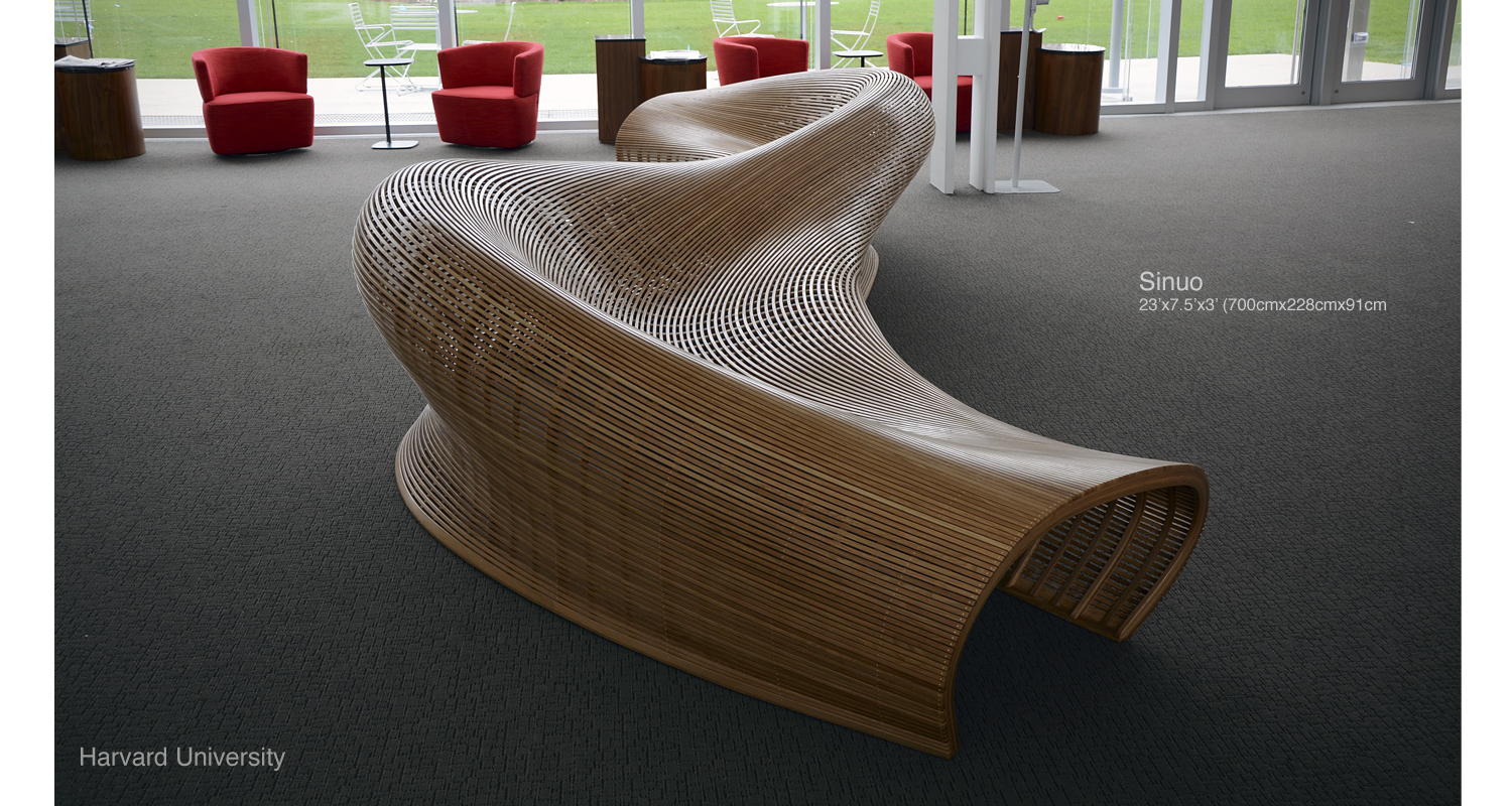 Sinuo bench by Matthias Pliessnig at Harvard University, a similar steam-bent wood form that inspired the Wave Table's organic curves