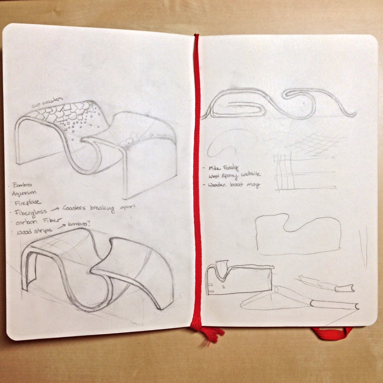 Sketchbook pages showing early Wave Table concepts including profile studies, material explorations, and form variations
